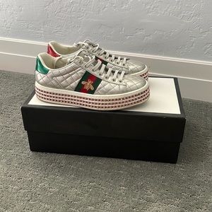 Womens Gucci Ace silver sneakers with pink rhinestones! 36.5